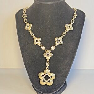 Gold Tone Floral Rhinestone Y Necklace Heavy Weight Statement 18" & 3" drop